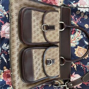 Dooney & Bourke Vintage Tan Monogram Tote Bag with Leather Trim